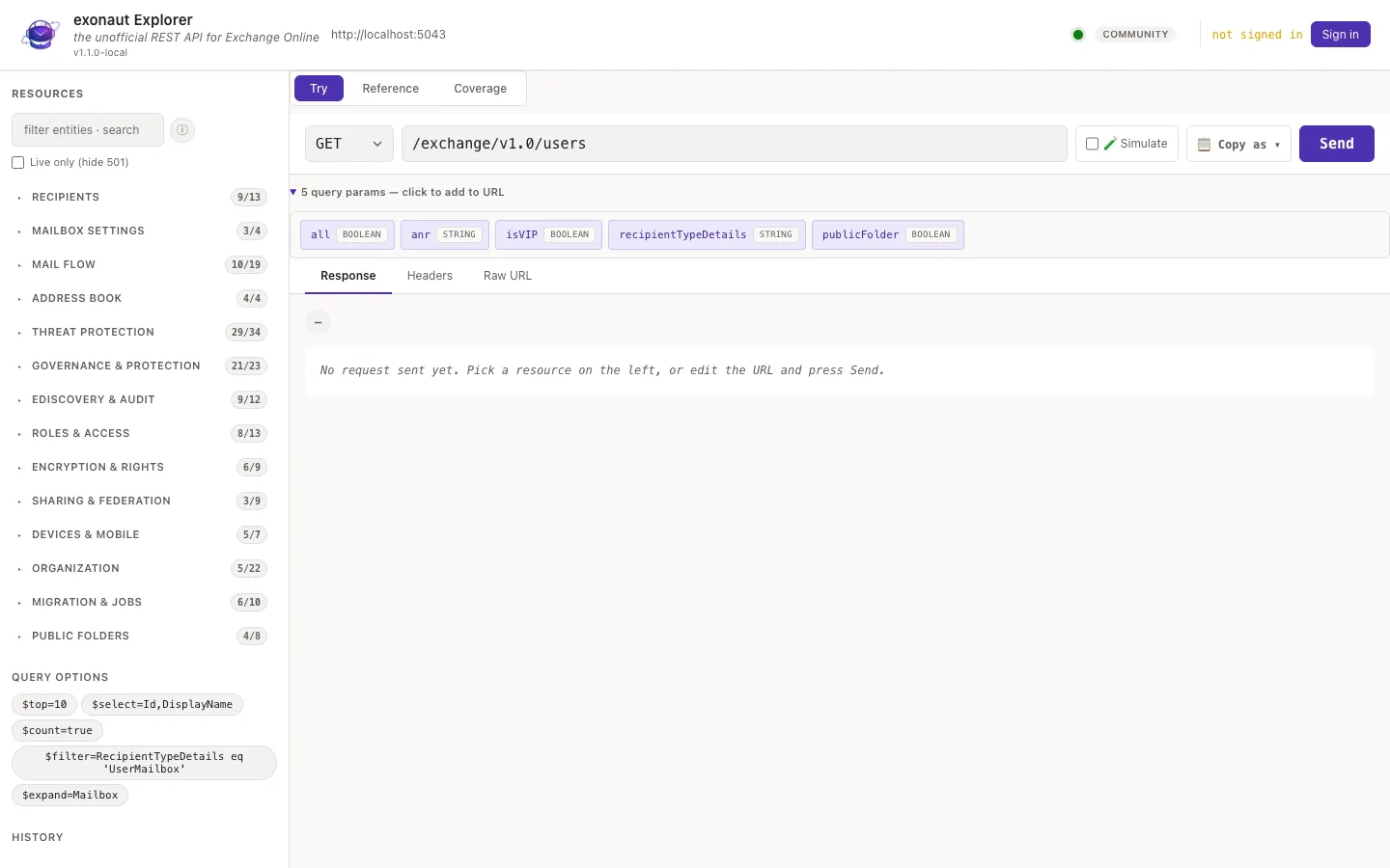The Explorer's Try mode: a request builder with the verb and URL, query and body chips, and the JSON response below.